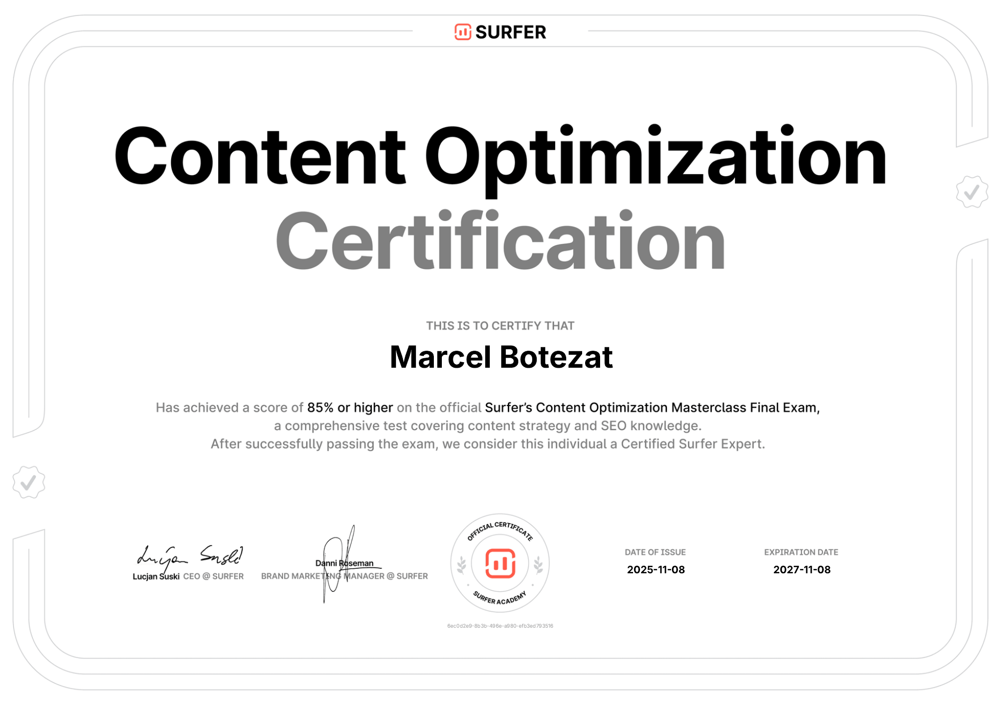 Content Optimization Certificate - Issued by Surfer - Awarded to Marcel Botezat on 2025-11-08